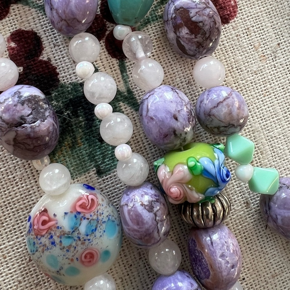 Handmade extra long floral glass bead & gemstone crystal cottagecore necklace - Picture 4 of 6